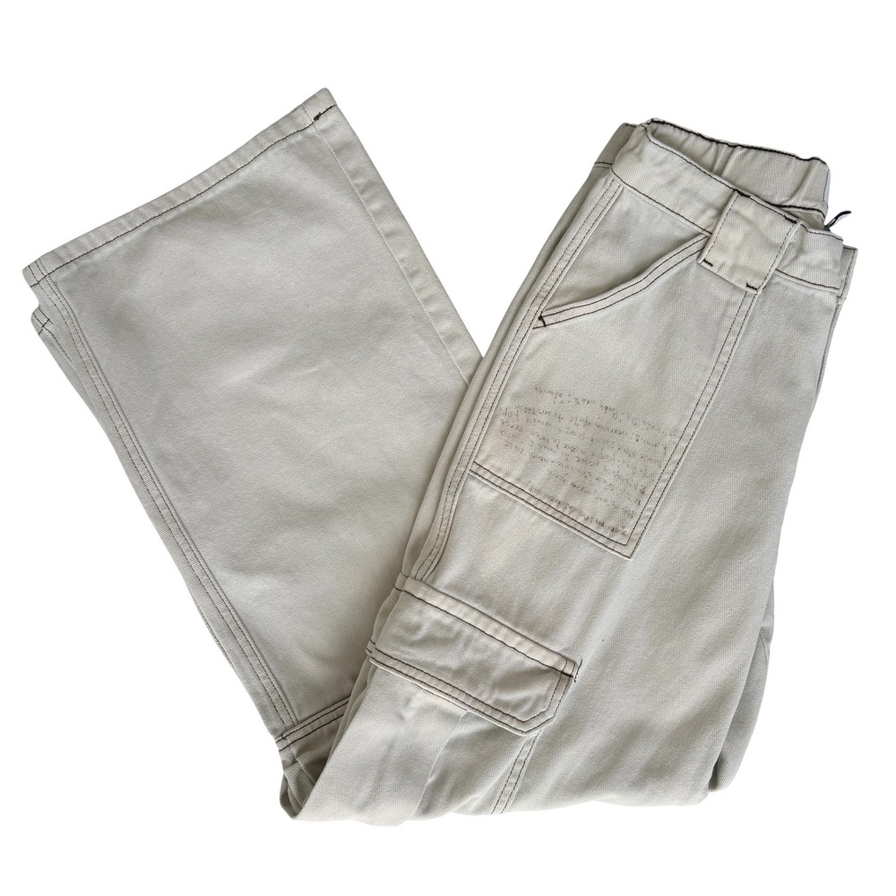 Womens Y2K Baggy Cargo Pants Sz 24 Off White Faded Wide Skater Grunge Streetwear